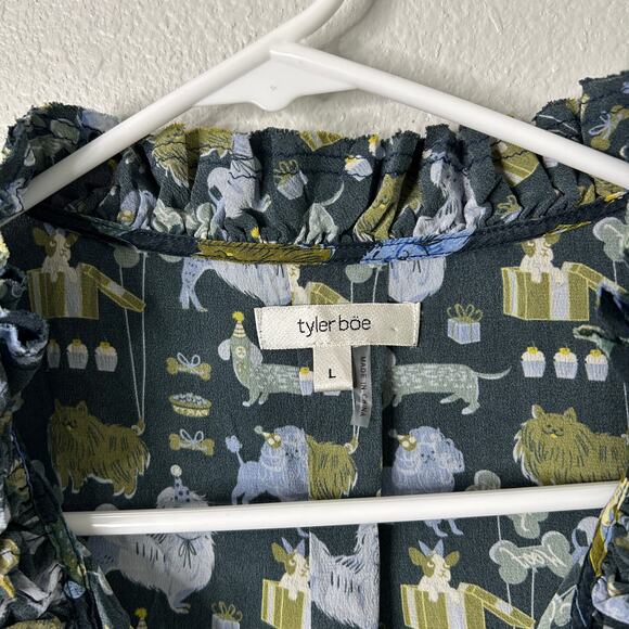 Tyler Boe Halprin Silk Whoof Dog Party Print Button Up Shirt Blue Green Large - Picture 5 of 11